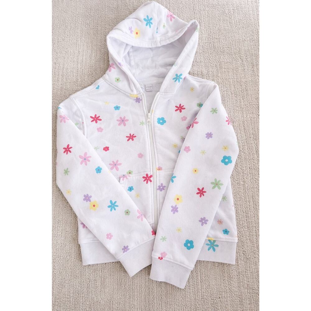 Girls White Floral Zip Hoodie Sweatshirt Size large 10/12 Lightweight Cozy Jacke